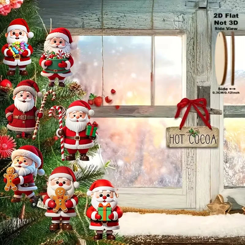 2D Flat, 10-Piece Set of Traditional Wooden German-Style Natural Wood Santa Claus and Gingerbread Man Doll-Shaped Decorations