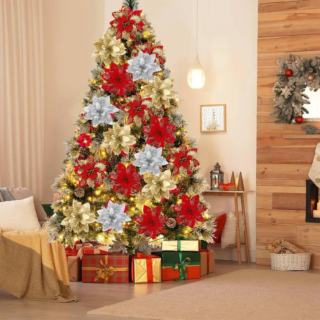 Christmas Glitter Artificial Flowers Christmas Tree Hanging Ornaments Fake Flower for Home 2026 Xmas New Year 2027 Navidad Gift