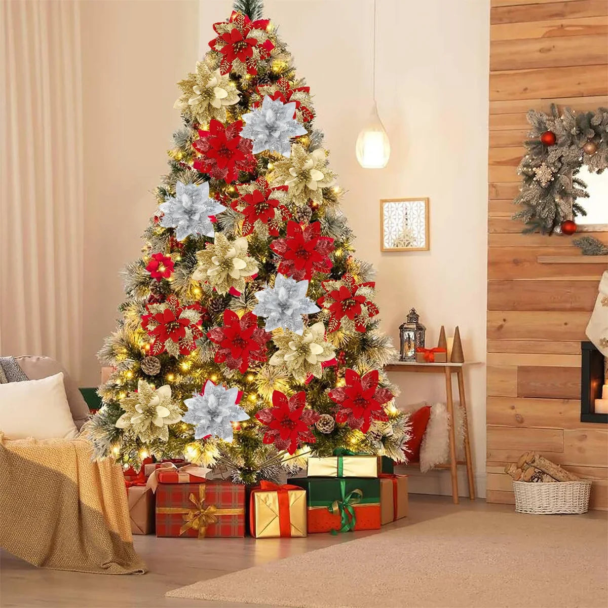 Christmas Glitter Artificial Flowers Christmas Tree Hanging Ornaments Fake Flower for Home 2026 Xmas New Year 2027 Navidad Gift