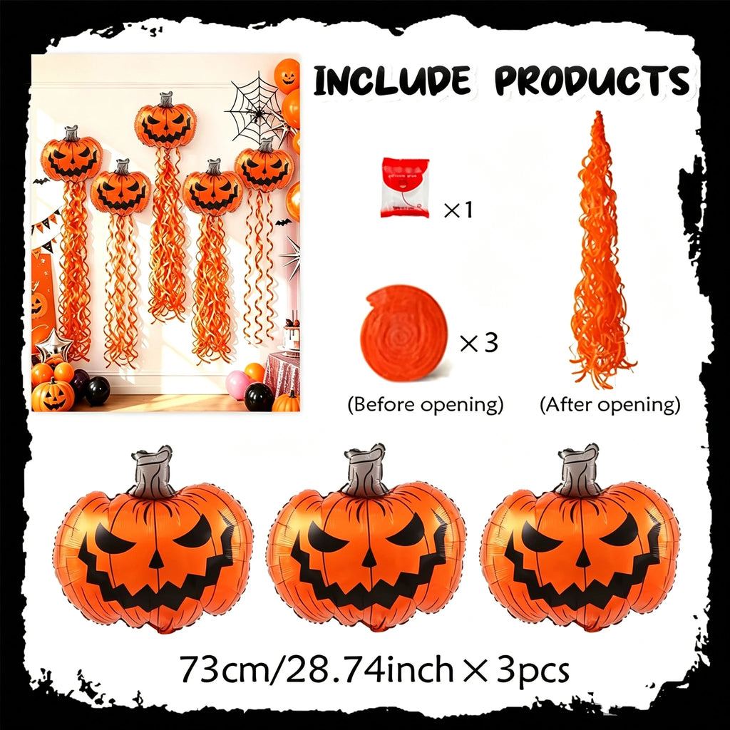 7 Pieces--Halloween Decoration Supplies, Scary Pumpkin Balloons and Spiral Tassel Rain Curtain Set, with Adhesive Dots, Suitable for Halloween Parties, Trick-Or-Treating, Birthday Parties, and Horror Celebration Backdrop Deco
