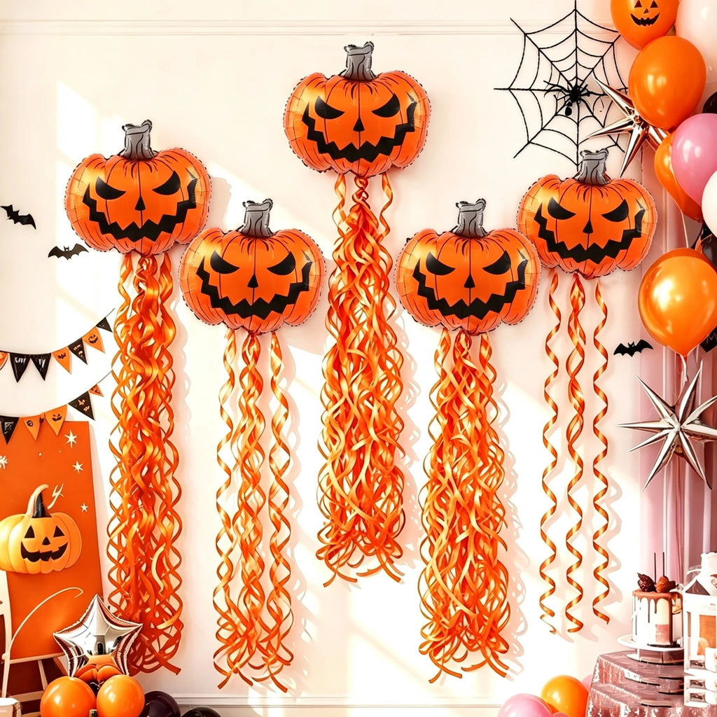 7 Pieces--Halloween Decoration Supplies, Scary Pumpkin Balloons and Spiral Tassel Rain Curtain Set, with Adhesive Dots, Suitable for Halloween Parties, Trick-Or-Treating, Birthday Parties, and Horror Celebration Backdrop Deco
