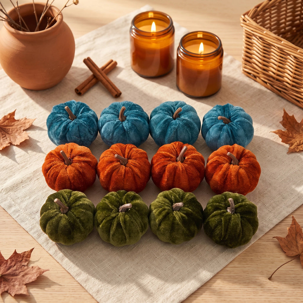 12pcs Velvet Pumpkin Decoration for Halloween Autumn Home Decor Tabletop Garden Ornaments Ideal for Thanksgiving Harvest Parties