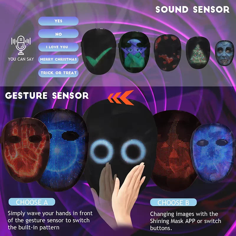 HD Luminous LED Mask with Voice Recognition Gesture Sensing Support Video Animation Programmable App Light up Mask